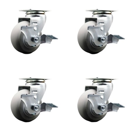 Service Caster 4 Inch Thermoplastic Rubber Swivel Caster Set with Ball Bearings and Brakes SCC-20S420-TPRBD-TLB-4